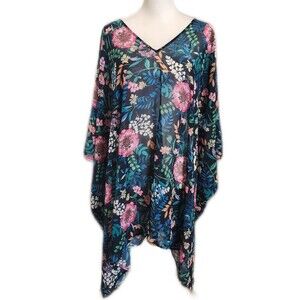 Tommy Hilfiger pull over v-neck navy blue poncho w/ pink & green flowers 1 size